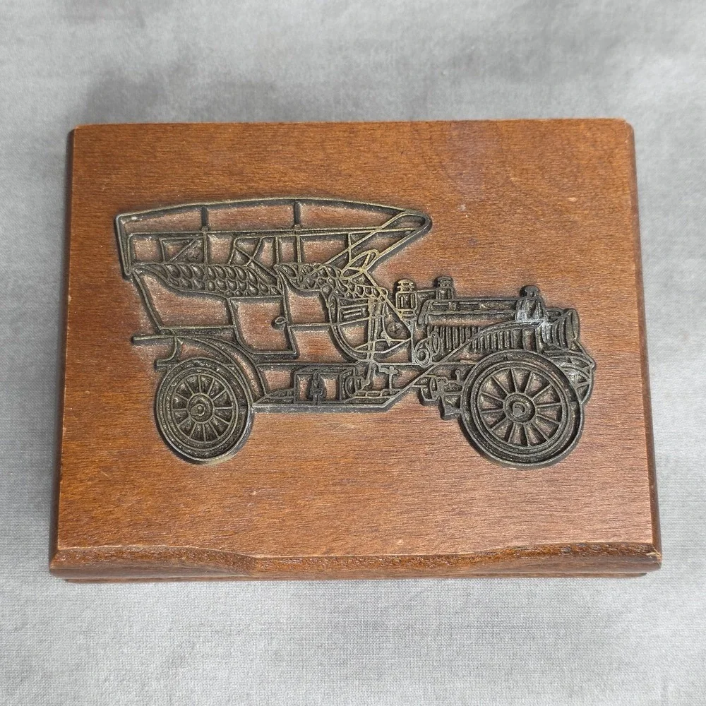 W.A Stratford Playing Card Wooden Box Vintage w/Raised Brass Classic Car